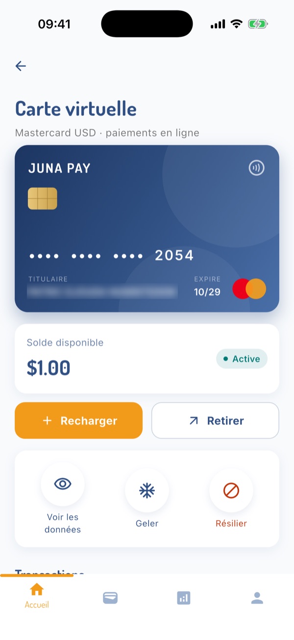 Écran de la carte Mastercard virtuelle Juna Pay