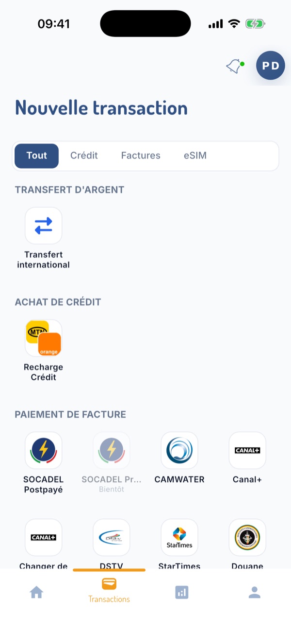 Écran des services Juna Pay : transfert, crédit, factures SOCADEL, Camwater, Canal+