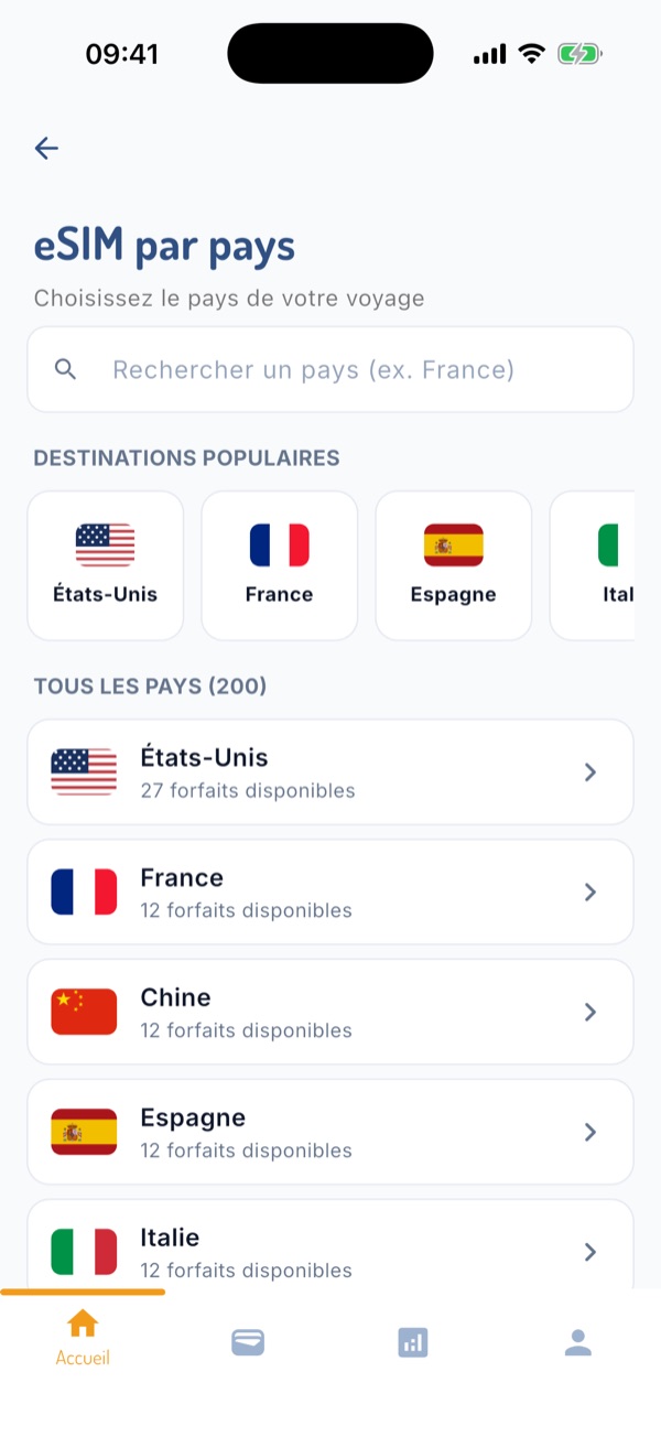 Choix du pays pour une eSIM dans Juna Pay